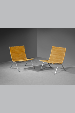 Poul KJAERHOLM - Paire de chauffeuses modèle «PK 22», assise et dossier en rotin tressé. Édition Kold Christensen. Hauteur: 70 cm, Largeur : 63 cm, Profondeur : 63 cm